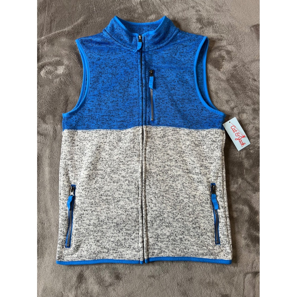 Cat & Jack Boys Blue Gray Colorblock Sweater Fleece Vest Full Zip Size L 12/14